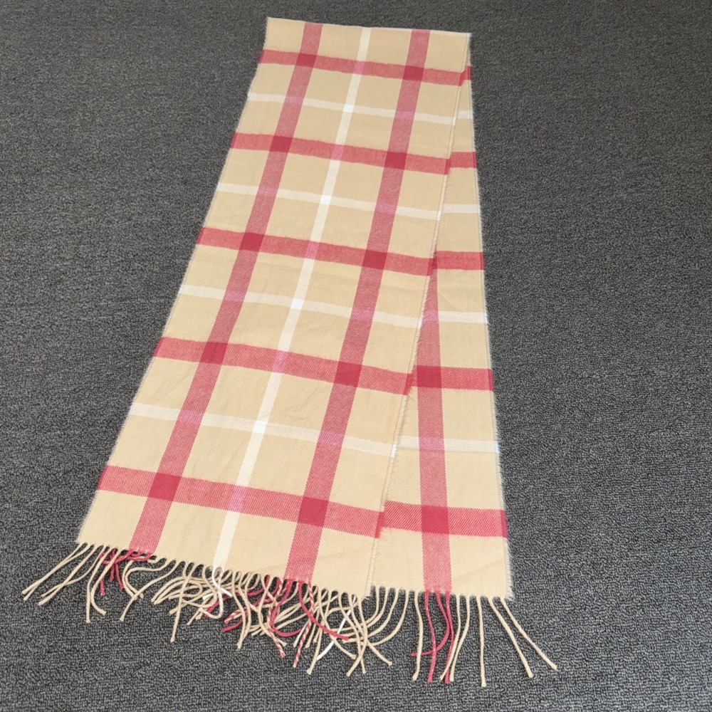100% Cashmere Scarf Made in Scotland Plaid Fringe Beige Pink White